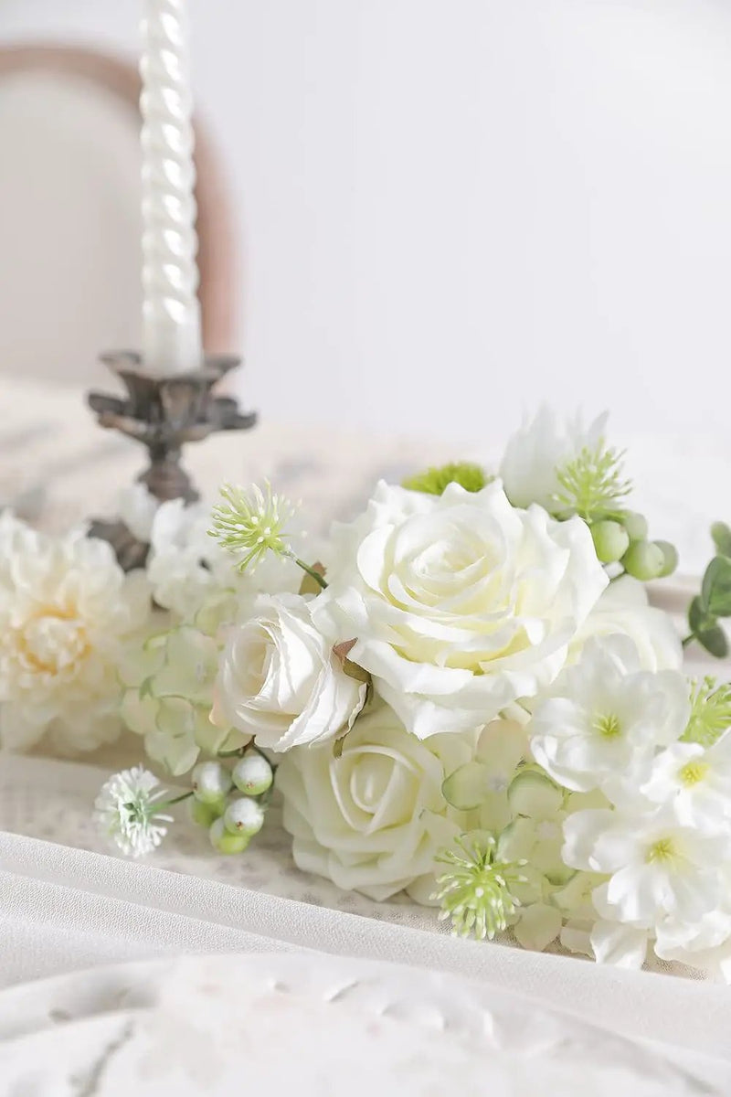 White Artificial Flower Box Set Silk Fake Flowers for DIY Centerpieces Cake Decorations, Wedding Bouquets, Boutonnieres, Home Decor (White Green) by GreenHaven Gardens