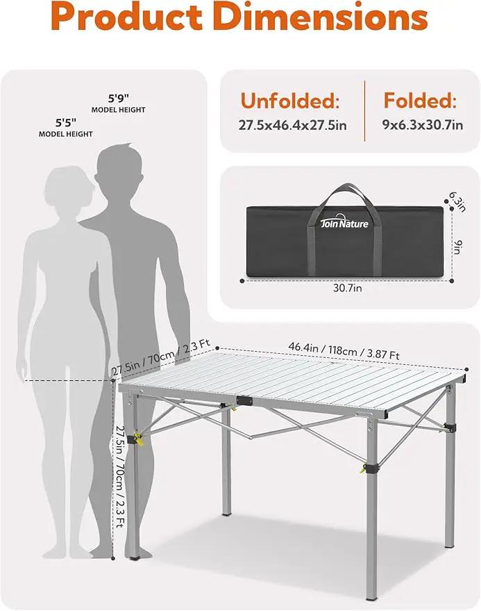 Large 46.4" Camping Table for 2-6 People - 220lbs Capacity Heavy Duty Foldable Outdoor Table with Aluminum Roll-Up Top & Carry Bag, Portable Picnic Desk for BBQ, Tailgating, Backyard (Silver) by GreenHaven Gardens