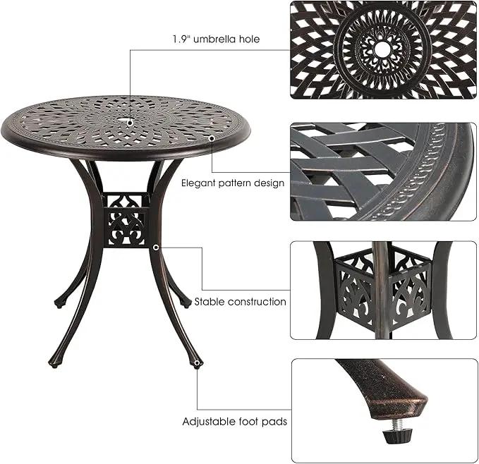 COBANA Patio Bistro Table, 31’’ Round Cast Aluminum Outdoor Dining Retro Side Table with 2’’ Umbrella Hole, Bronze