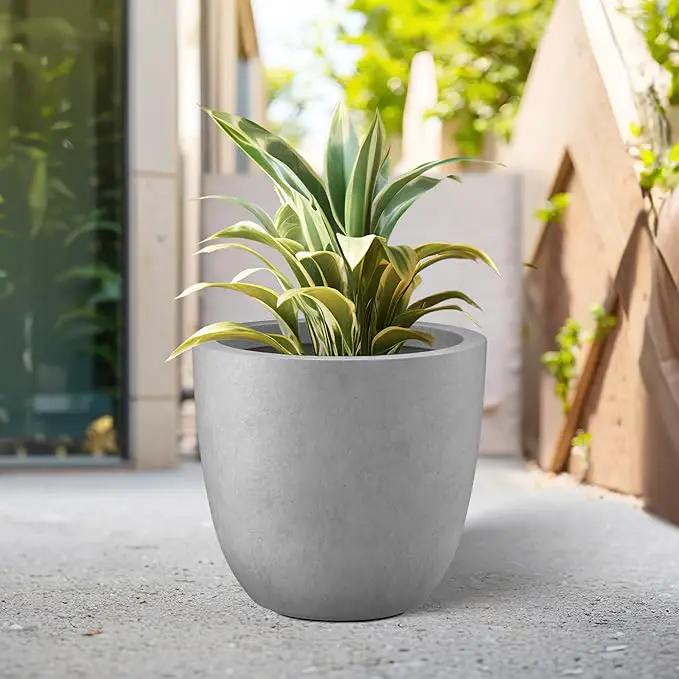 Kante 14 Inch Dia Round Concrete Planter, Indoor Outdoor Large Plant Pot with Drainage Hole and Rubber Plug for Home Patio Garden, Gray Concrete by GreenHaven Gardens