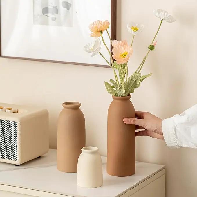 Ceramic Vase Set-3, Small Flower Vases for Decor, Modern Boho Farmhouse Style, Decorative Vases for Pampas Grass & Dried Flowers, Distressed Finish (Earth Tone) by GreenHaven Gardens