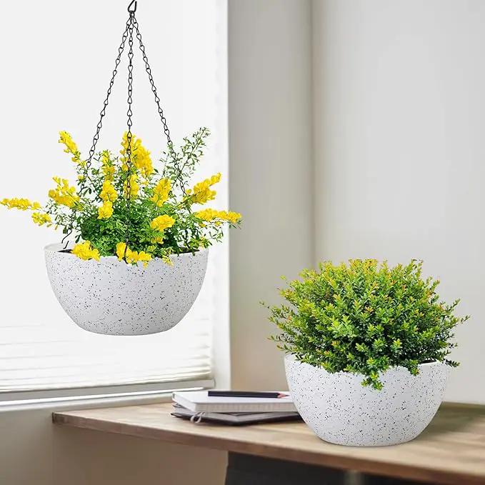 10 inch Hanging Planters for Indoor Outdoor Plants, 2 Pack Hanging Flower Pots with Drainage Holes and Chain for Garden Porch, Plastic Hanging Baskets for House Plants, Speckled White by GreenHaven Gardens
