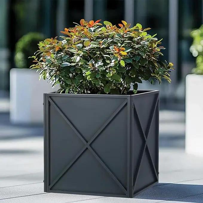 BAYN Metal Square Planter Box Tall Planters for Outdoor Plants Modern Heavy Duty with Drainage Holes for Outside Indoor Patio Deck - Grey, 17”x 17”x 18” by GreenHaven Gardens