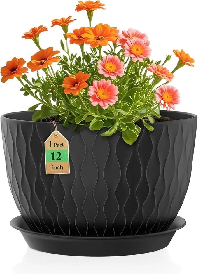12 Inch Large Plant Pots for Indoor or Outdoor Plants, Wide Water Ripples Flower Pots with Drainage Holes & Saucer, Plastic Planters Set for Garden & Home Decor (Black) by GreenHaven Gardens