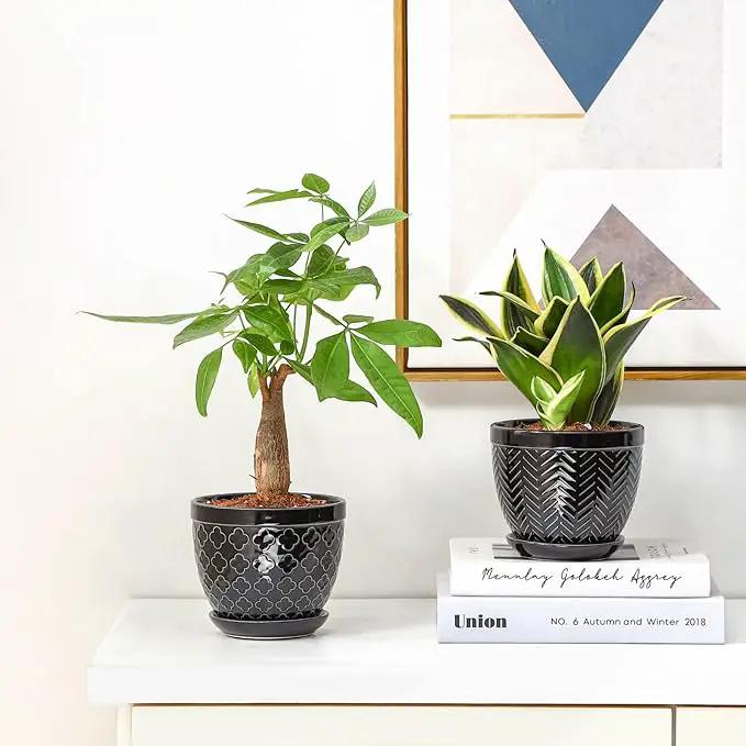 Sureasy Ceramic Indoor Plant Pots - 5.6 Inch Flower Pots for Plants with Drainage Hole and Saucer, Embossed Planter for Succulents, Orchid, Cactus, Indoor Home Decor, Set of 4, Black by GreenHaven Gardens