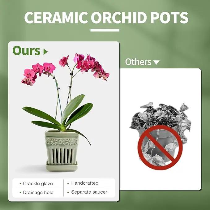 Orchid Pots with Holes | 5" Ceramic Orchid Planter with Separate Saucer and Drainage Holes | Glazed Pottery Small Flower Pot for Repotting Orchids(Green) by GreenHaven Gardens