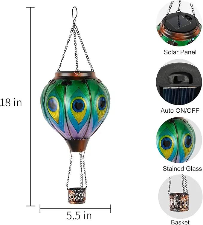 Peacock Hot Air Balloon Hanging Solar Lantern Lights, Flickering Flame Solar LED Candle Lights Outdoor Garden Decorative Metal & Glass Waterproof Lanterns for Yard Patio Farmhouse Decoration by GreenHaven Gardens