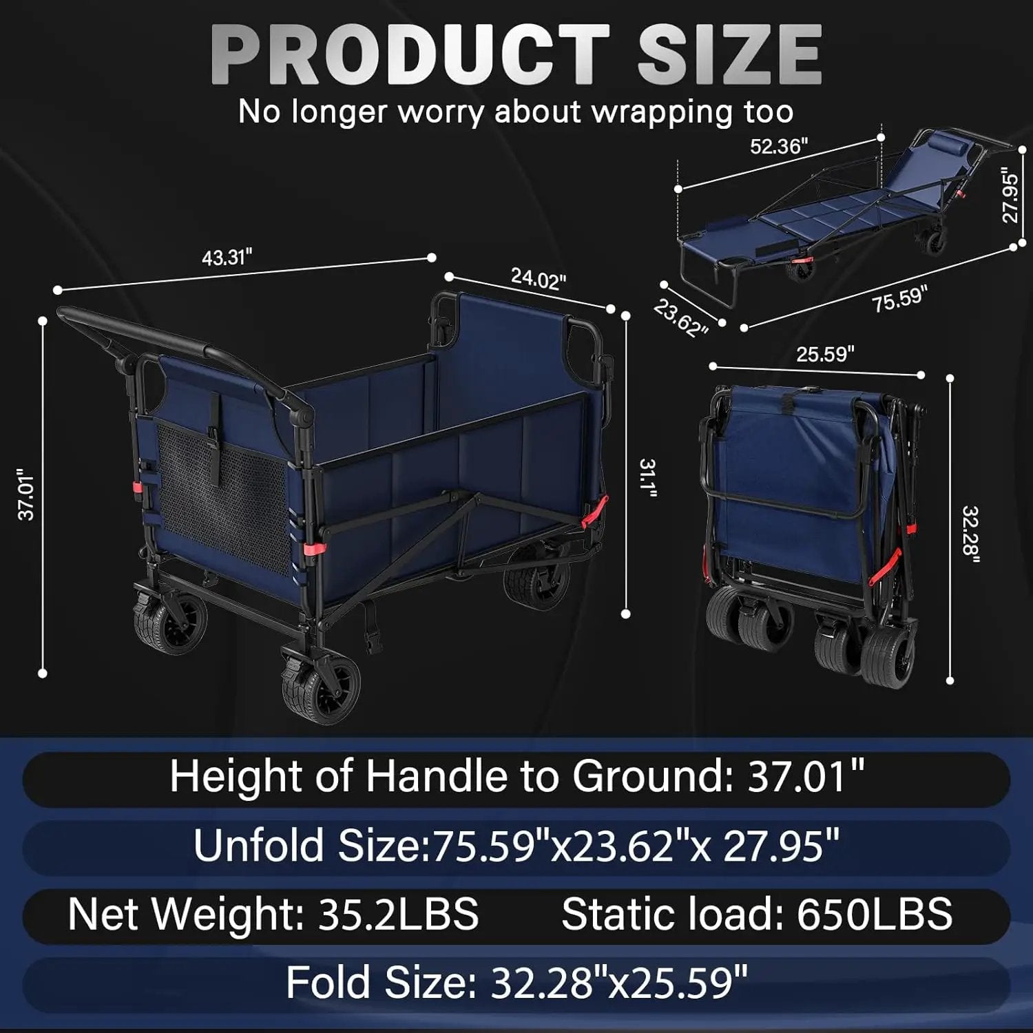LEVELEVE Heavy Duty Folding Wagon - 2-in-1 Collapsible Cart, 400lb Capacity, All-Terrain Wheels w/Brakes & Side Pockets (Blue) by GreenHaven Gardens