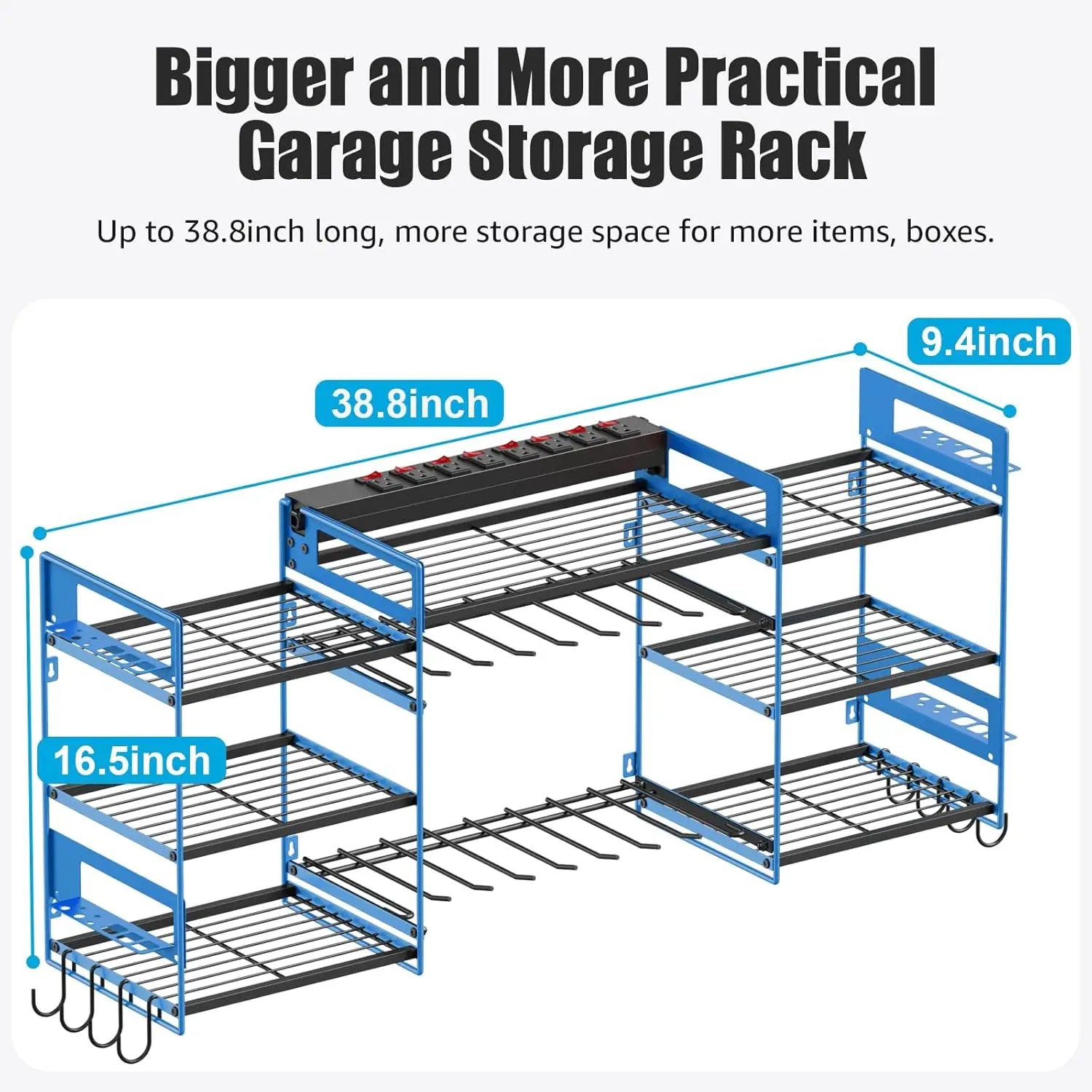 CCCEI Blue Power Tool Organizer Wall Mount, Large Tools and Battery Storage Rack Charging Station Individual Switches. Drills Holder, Garage Utility Shelves with 6FT Power Strip. Gift for Men. by GreenHaven Gardens