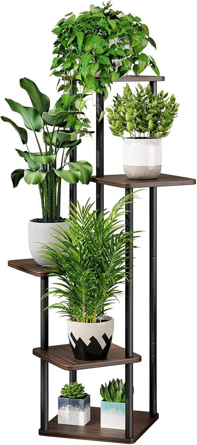 AZERPIAN Plant Stand 5 Tier Indoor Metal Flower Shelf for Multiple Plants Corner Tall Flower Holders for Patio Garden Living Room Balcony Bedroom, Black Oak (5 Tier-Black Oak) by GreenHaven Gardens