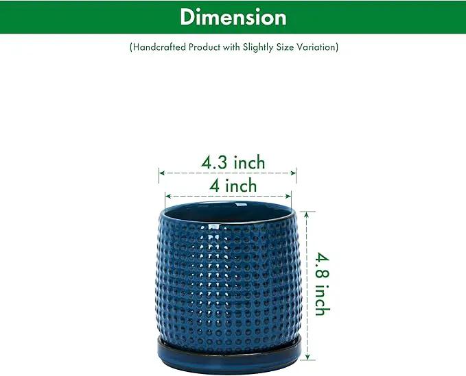 D'vine Dev 4 Inch Ceramic Beaded Stoneware Planter Pot - Flower Pot with Drainage Holes and Saucers for Indoor Succulent Plants or Flowers, Midnight Blue, 27-C-Z-3 by GreenHaven Gardens