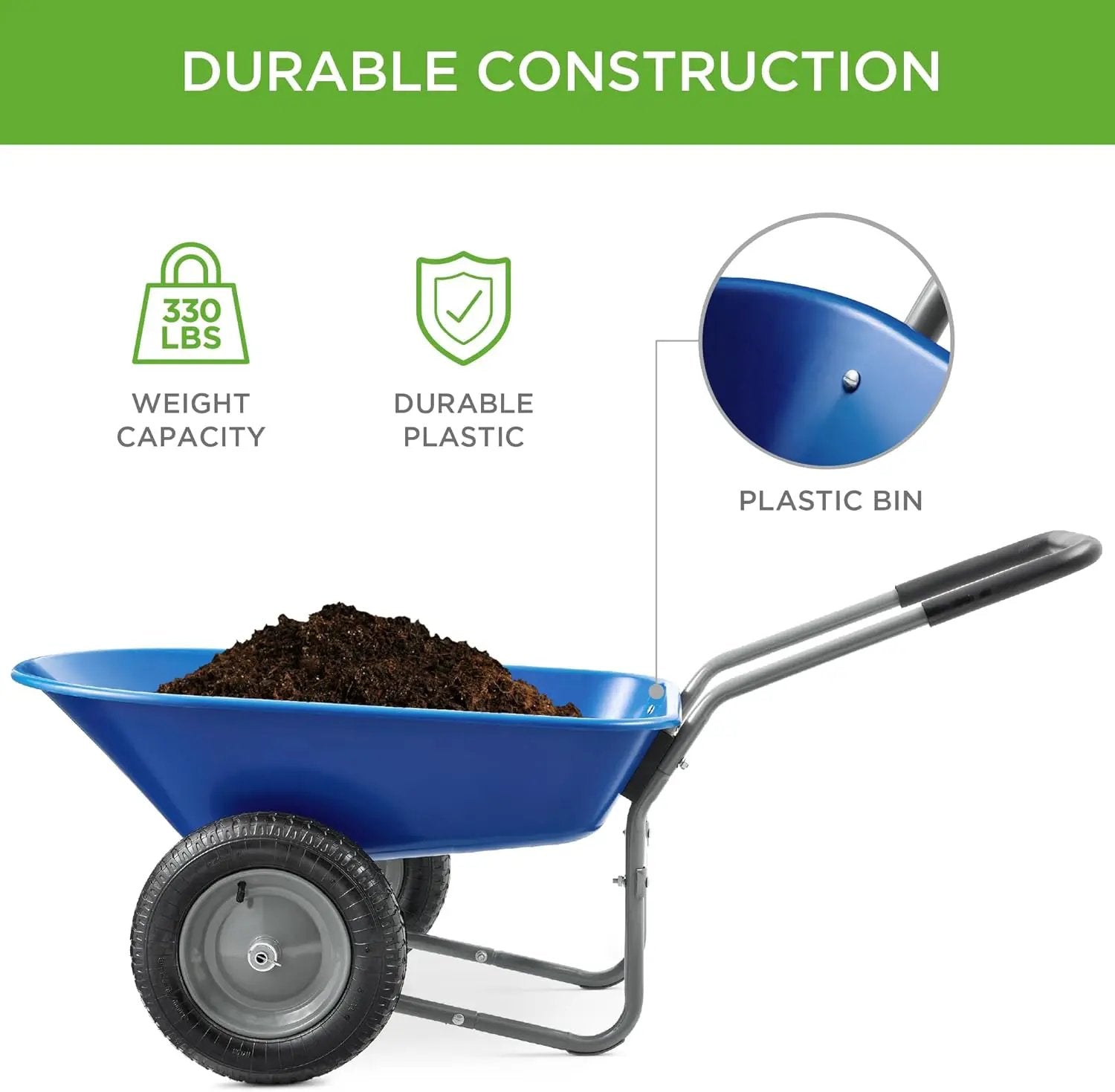 Best Choice Products Dual-Wheel Home Utility Yard Wheelbarrow Garden Cart w/Built-in Stand for Lawn, Gardening, Construction - Blue by GreenHaven Gardens