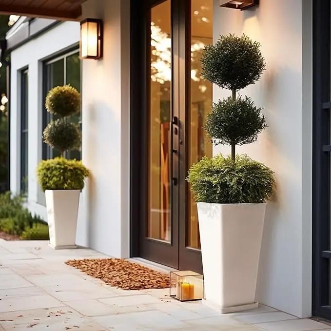 LA JOLIE MUSE 26 inch White Tall Planters for Outdoor Plants,Set of 2 Large Planters for Indoor Plants,V Shaped Tree Planters for Front Door, 26'' White With Tray by GreenHaven Gardens