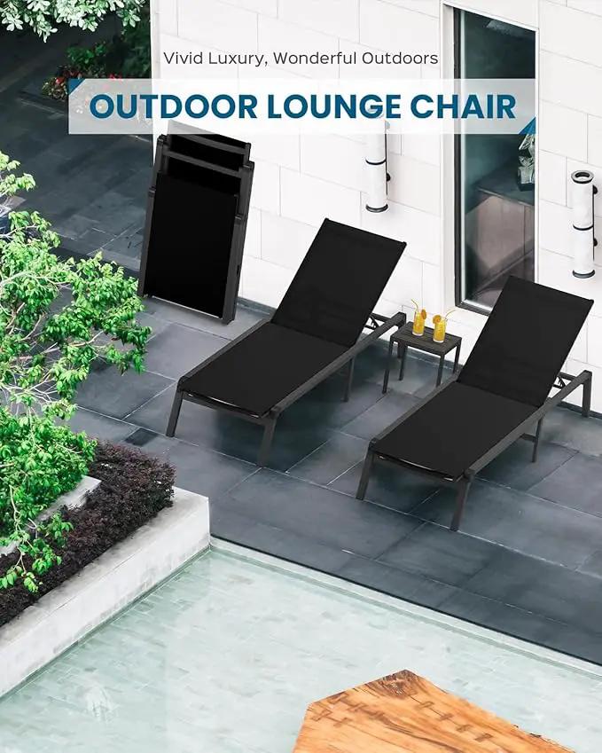 Pool Lounge Chairs Set of 2, Foldable Aluminum Chaise Lounge Outdoor with 5 Positions Recliner - Free Assembly - Patio Chaise Lounge Chair for Poolside, Beach, Yard (Black, 2 Pack) by GreenHaven Gardens