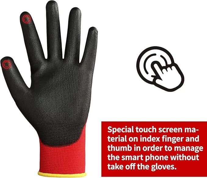 DULFINE Safety Work Gloves PU Coated for Men and Women-12 Pairs,Red Seamless Knit Glove with Two Fingers Touchscreen,Ideal for General Duty Work (Small) by GreenHaven Gardens