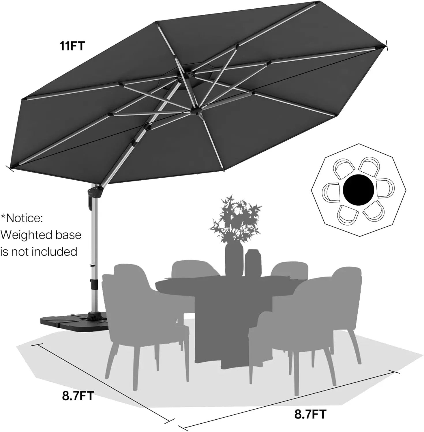 Patio Umbrella, 11FT Outdoor Cantilever Umbrella with 360-degree Rotation for Garden, Deck, Backyard, Pool and Beach, Grey by GreenHaven Gardens