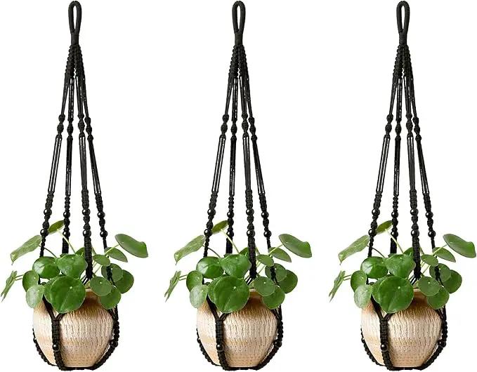 Mkono Macrame Plant Hanger Indoor Hanging Planter Basket with Wood Beads Decorative Flower Pot Holder No Tassels for Indoor Outdoor Boho Home Decor 35 Inch, Black, Set of 3 (POTS NOT Included) by GreenHaven Gardens