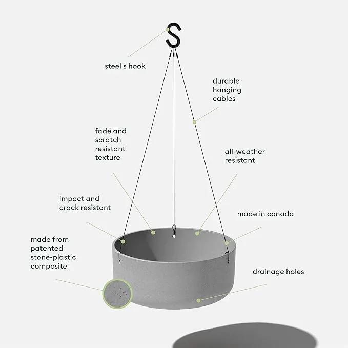 Veradek Mason Series Hanging Kona Planter - Round Planter for Outdoor Balcony/Patio | Made from Plastic-Stone Composite with Hanging Attachment | Modern Décor for, Flowers, Succulents, Small Plants by GreenHaven Gardens