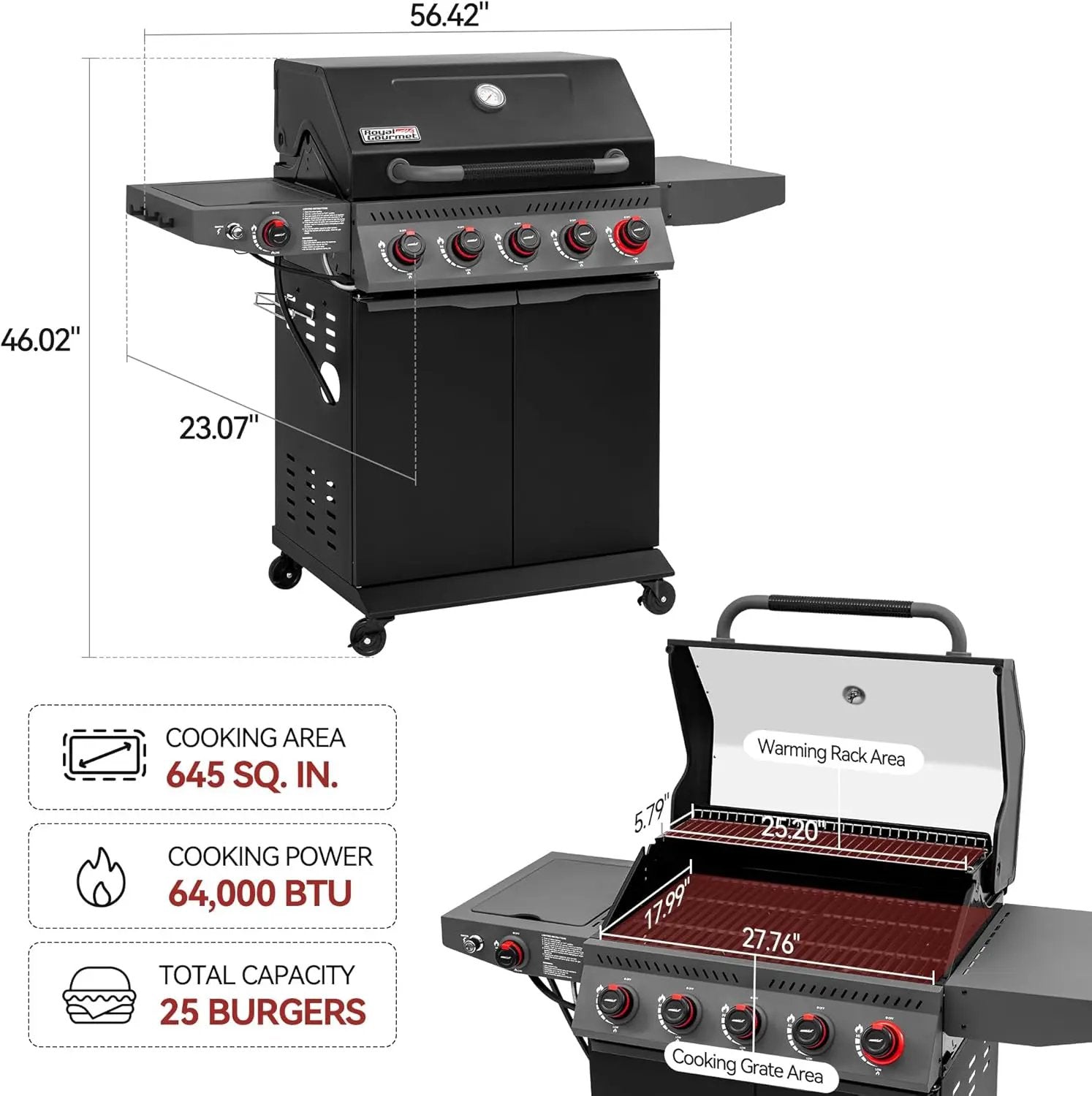 Royal Gourmet GA5407H 5 Burner Propane Gas Grill with Foldable Right-Side Table & Warming Rack, Cabinet Style Gas BBQ Grill for Barbecue Grilling & Backyard Cooking, Black by GreenHaven Gardens