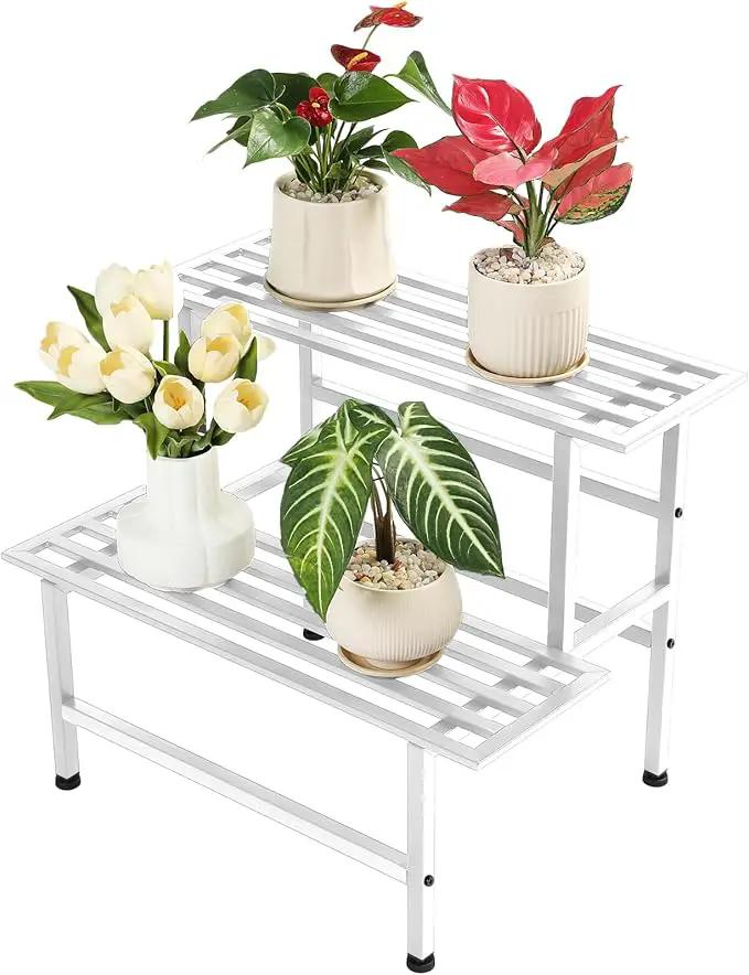 Metal Plant Stand Outdoor Plant Shelf Indoor,2 Tier Heavy Duty Ladder Plant Stands for Multiple Plants,26" L x 20.25" H x 17.75" W,White by GreenHaven Gardens