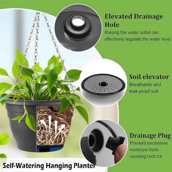 Hanging Planters 10 Inch, 4 Pcs Flower Pots with Drainage Hole, Self Watering Hanging Basket for Indoor Outdoor Plants, Decor, Gray by GreenHaven Gardens