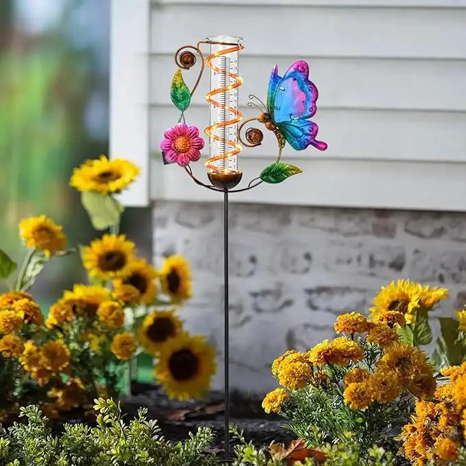 BAYN 36.3” Rain Gauge Outdoor Solar Powered 10 LEDs 7” Tube Garden Butterfly Metal Decorative Stake with Waterproof Large Glass Tube Rain Guage for Yard, Garden, Patio, Lawn by GreenHaven Gardens