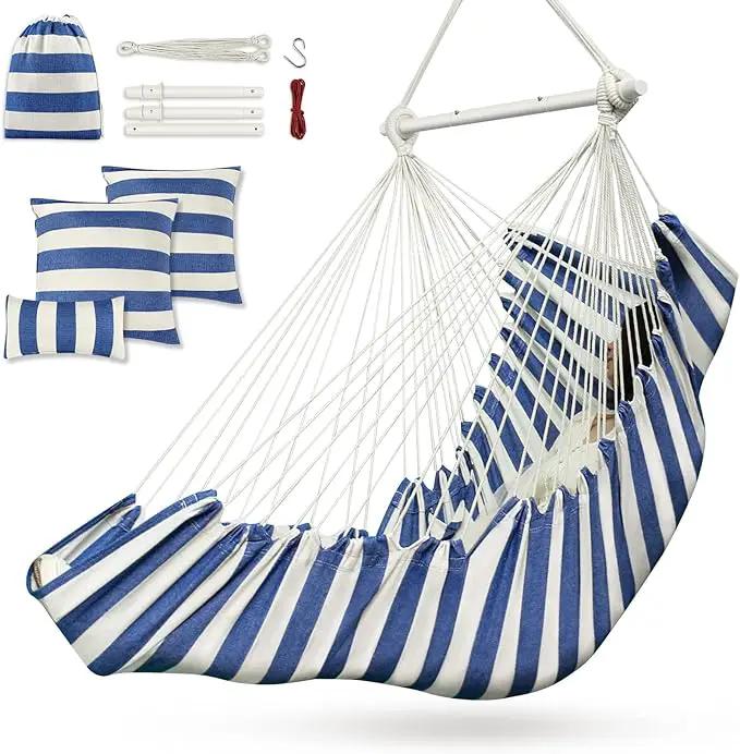 Hammock Chair, Hanging Chair with 3 Cushions and Foot Rest Support, Sturdy Metal Spreader Bar Max 440 Lbs, Swing Chair for Bedroom, Indoor & Outdoor, Patio, Porch or Tree（Blue and White） by GreenHaven Gardens