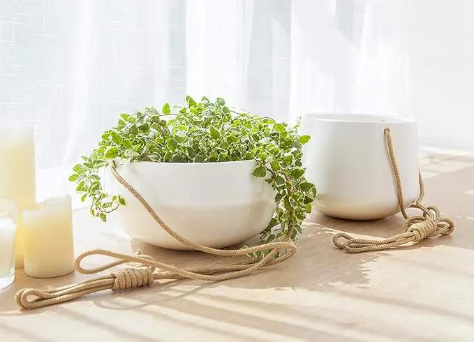 Mkono Ceramic Hanging Planter of Shallow 8 Inch and Deep 6 Inch for Indoor Outdoor Plants, Set of 2 Modern Plant Pot Geometric Porcelain Hanging Basket with Polyester Rope Hanger by GreenHaven Gardens