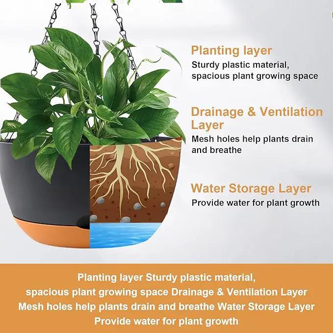 8/10/12 inch Plant Pot Hanging Planters Self Watering Pots for Indoor Plants, 3 Pack Plastic Hanging Basket with Removable Tray for Home Garden Porch Balcony Patio Decor(Black) by GreenHaven Gardens