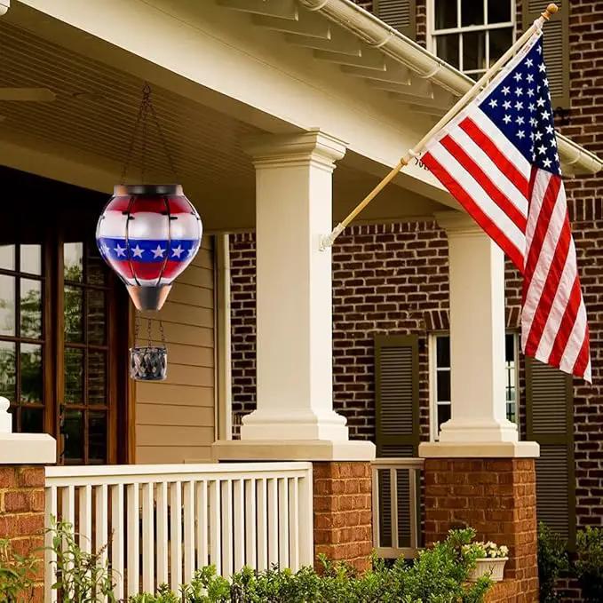 DREAMSOUL Flag Hot Air Balloon Solar Lantern, Glass Solar Lantern with Flickering Flame, Hanging Waterproof Solar Lanterns Outdoor Flag Day for Patio Decor, Fourth of July Decorations Christmas Gifts by GreenHaven Gardens