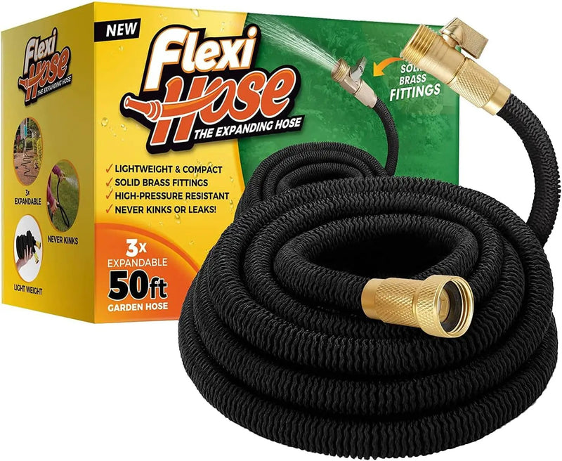 Flexi Hose Upgraded Expandable Garden Hose Extra Strength 3/4 Solid Brass Fittings - The Ultimate No-Kink Flexible Water Hose (Black, 50 FT) by GreenHaven Gardens