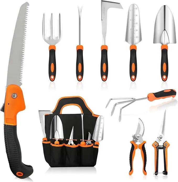 Gartden Tools, 10 Pcs Stainless Steel Garden Tools for Gardening with Non-Slip Ergonomic Handle, Garden Hand Tools with Tote Bag for Women, Men, Gift by GreenHaven Gardens