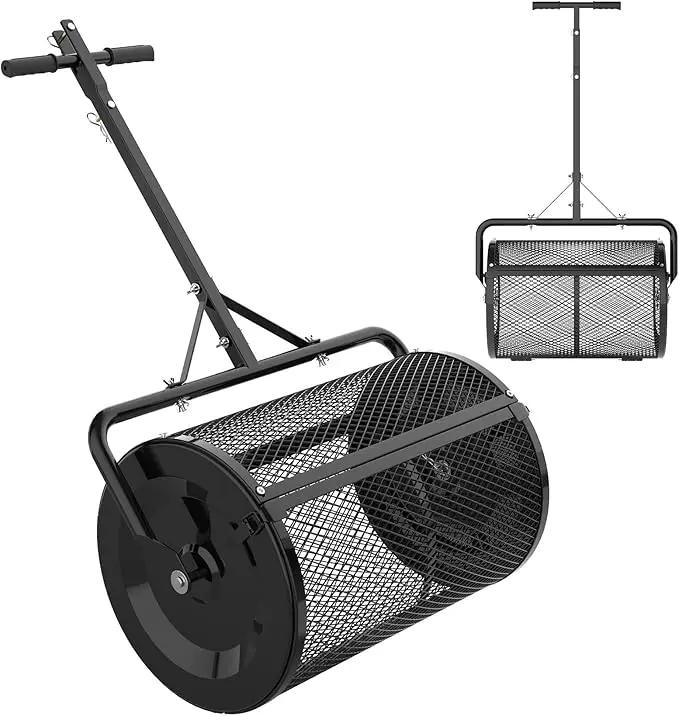 Seeutek Compost Spreader, 24" Peat Moss Spreader with 3 Heights, Top Soil Spreader W/Upgraded Side Latches Support Rod Powder Coated Metal Mesh Top Dressing Spreader for Lawn, 2 Way Uses-Push or Tow by GreenHaven Gardens