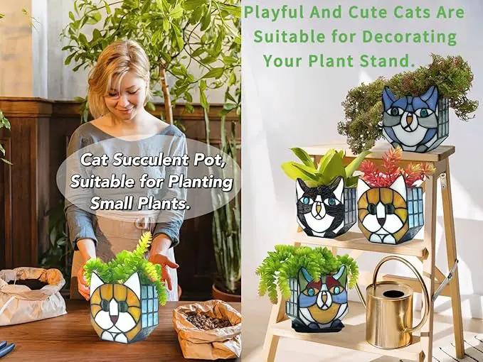Tiffany Style Orange Cat Stained Glass Flower Pots,Indoor Plant Display, Orange Cat Small Pots for Plants, Gift for Cat Lovers,4.6x5.15x2.3 in （Excluding Plants） by GreenHaven Gardens