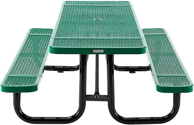 Global Industrial 8’L Rectangular Picnic Table, Expanded Metal, Green Thermoplastic Coating, Attached Benches, 1-1/2” Umbrella Pole Hole, Outdoor-Rated, 1000 lb Capacity, 96” x 30” Tabletop by GreenHaven Gardens