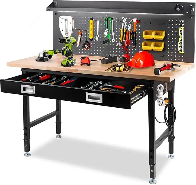60" Workbench with Drawers, Work Benches for Garage with Strip Light, Adjustable Work Table with Large Pegboard, 2000 LBS Heavy Duty Table with Power Outlet Rubber Wood for Garage, Office by GreenHaven Gardens