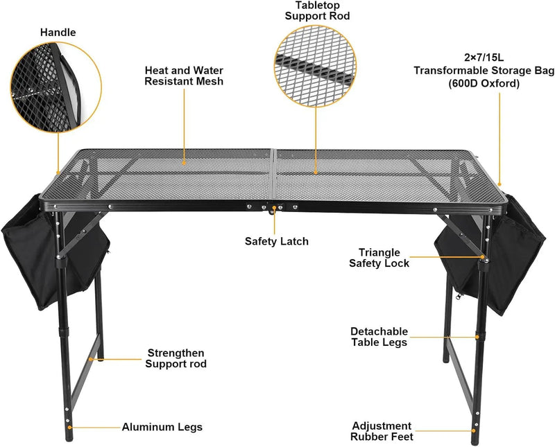 Grill Table 4FT Camping Table with 7/15 L Storage Bag 3 Height Adjustable Picnic Table Foldable Folding Portable Stand Mesh Outdoor BBQ by GreenHaven Gardens