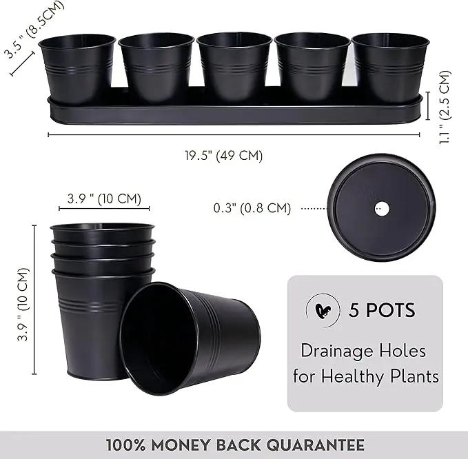 SCANDINORDICA Black Herb Planter – 5 Pots with Drainage Holes and Tray, Windowsill Planter, Herb Pots for Indoor Outdoor Plants | Kitchen & Garden Decor by GreenHaven Gardens