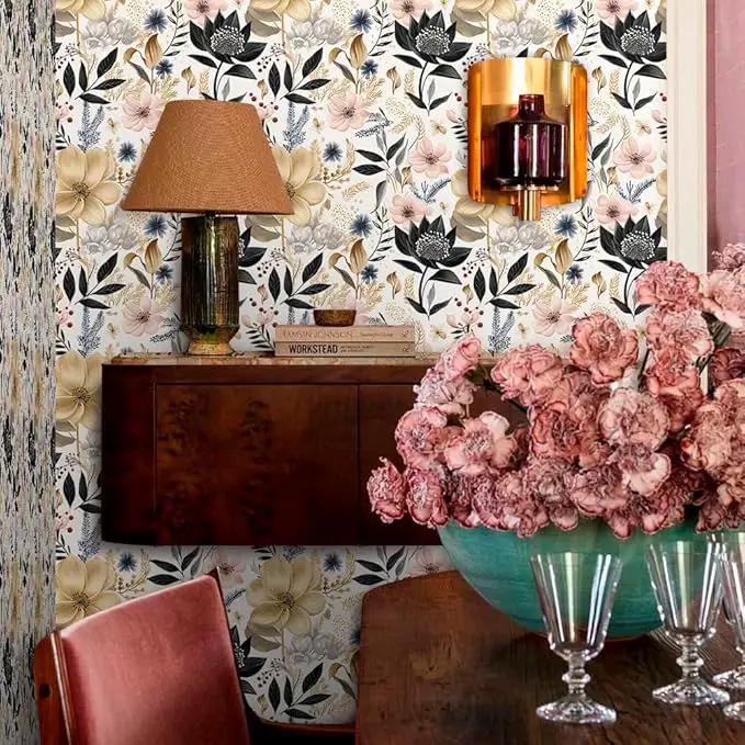 White/Pink/Gold Floral Garden Black Blue Flowers Vintage Peel and Stick Wallpaper Self Adhesive Removable Easy Peel Off Contact Paper Stick on Wall Paper for Bedroom Cabinet Renter Friendly by GreenHaven Gardens