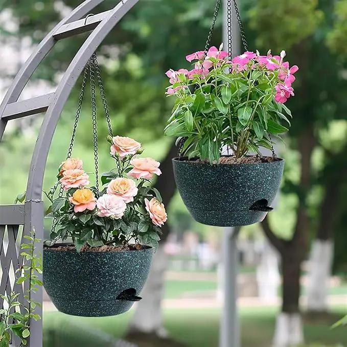 12 Inch Hanging Baskets 2 PC with Chains, Self-Watering Hanging Planters for Indoor Outdoor Plants, Plastic Hanging Flower Pots, Black with Green Speckles by GreenHaven Gardens