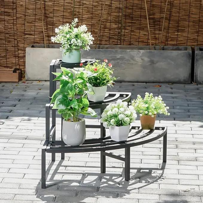 Black Corner Plant Stand - 3-Tier Space Saving Flower Pot Rack - Rustproof & Weather Resistant Indoor/Outdoor Ladder Display Shelf for Patio, Garden, Yard, Balcony by GreenHaven Gardens