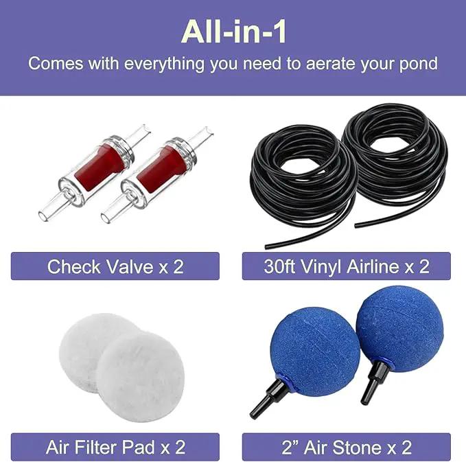 AquaMiracle All-in-One Pond Air Pump Koi Pond Aerator for Pond up to 2000 Gallons Pond Deicer Pond Aeration Kit with 2&4 Outlets Air Stones Airline Tubing Check Valves by GreenHaven Gardens