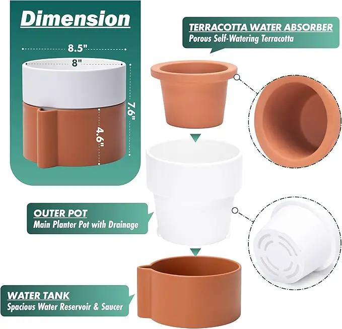 8 Inch Self-Watering Planter Pot with Terracotta Insert, Deep Water Reservoir, and Ceramic-Alike BPA-Free Plastic Planter Pot for Plant, Modern Planter for Houseplants, Terracotta/White, 53-B-T-6 by GreenHaven Gardens