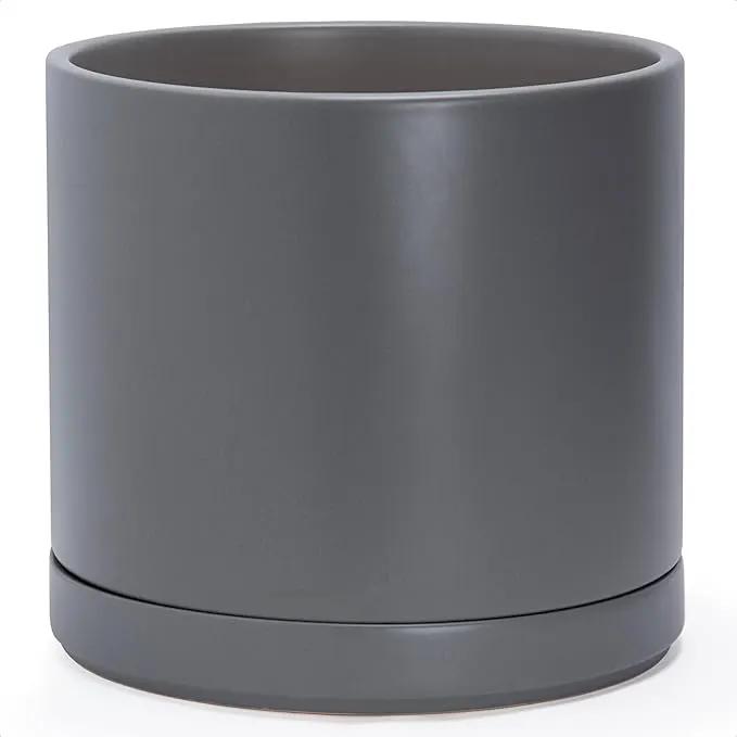 D'vine Dev 14 Inch Ceramic Planter Pot with Drainage Hole and Saucer, Indoor Cylinder Round Planter Pot, Speckled Grey, 94-O-G-3 by GreenHaven Gardens