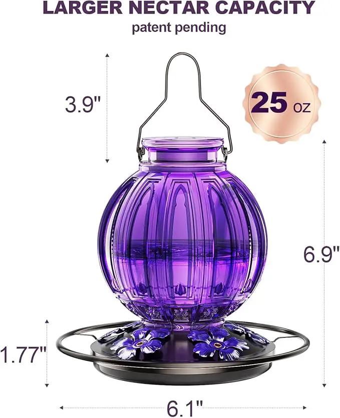Glass Hummingbird Feeder for Outdoors Hanging, Bird Nectar Feeder with Perch & 5 Flower Feeding Ports, 26 Oz Leak Proof for Outside Garden Decor Backyard, Gifts for Women Mom, Purple by GreenHaven Gardens