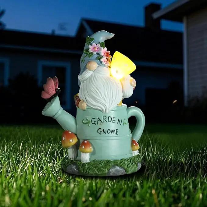 Garden Gnome Statue, Novelty Gnome Outdoor Figurine with Watering Can Shape and Flowers Butterfly Decor - Resin Gnome Sculpture with Mushroom Solar Lights for Porch Patio Yard Outdoor Decor by GreenHaven Gardens