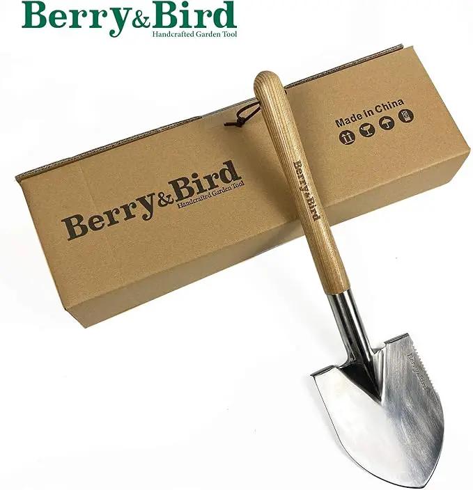 Berry&Bird Short Hand Shovel, 19.8’’ Digging Trowel for Gardening with Wood Handle Stainless Steel Round Point Spade Shovel with Serrated for Cutting, Transplanting & Weeding by GreenHaven Gardens