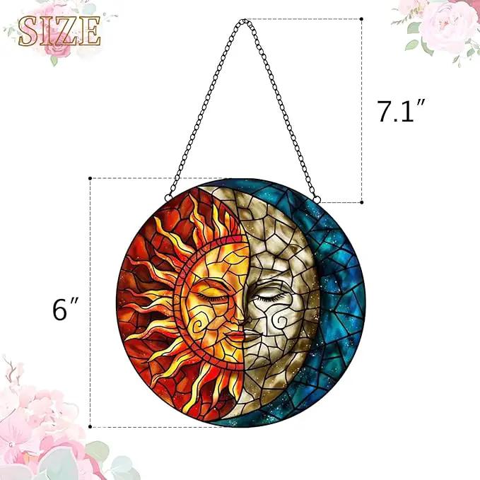Sun and Moon Suncatcher Stained Glass Window Hanging - Handmade Stain Glass Suncatchers with Chain - Sun Catchers Indoor Window Glass Panel for Home Decor Garden Thanksgiving Valentines Day Gifts by GreenHaven Gardens