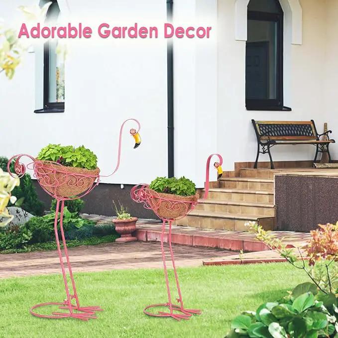 Set of 2 Pink Metal Flamingo Planters with Basket for Indoor Outdoor Garden Yard Decor by GreenHaven Gardens