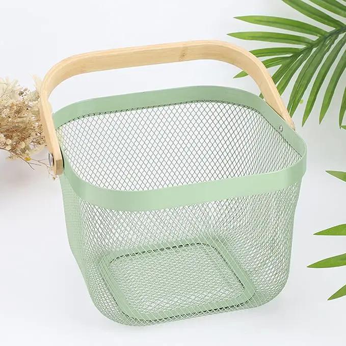 Metal Mesh Steel Basket, Storage Organizer Basket Multi-functional Hanging Kitchen Basket Fruit Basket Bin with Bamboo Handle, 9.84 x 10.2 x 7 inch, Mint Green by GreenHaven Gardens
